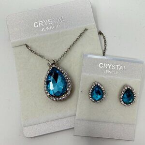 Sky Blue Clear Crystal Teardrop Pendant Necklace Silver Tone Chain & Earrings